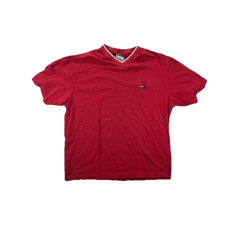 Tommy Hilfiger Men's Medium Red Short Sleeve Tee Embroidered Flag Cotton Casual